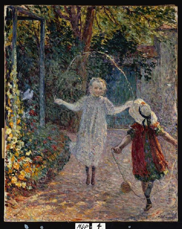 Kinder beim Seilspringen im Garten van Henri Lebasque