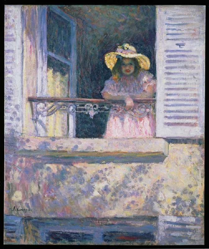 Junges Mädchen mit Sonnenhut am Fenster van Henri Lebasque
