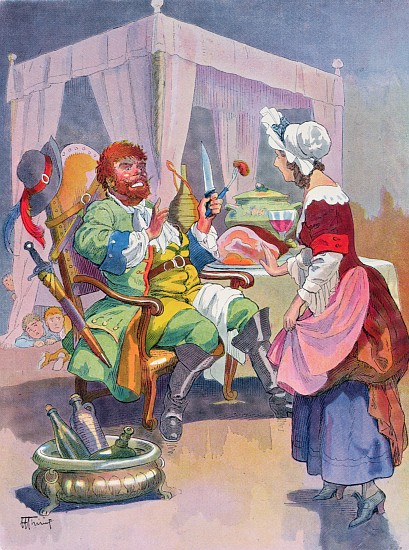 The Ogre smells fresh human flesh, illustration for a Perrault fairy tale Tom Thumb (Le Petit Poucet van Henri Thiriet