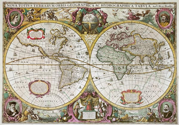 A New Land and Water Map of the Entire Earth van Henricus Hondius