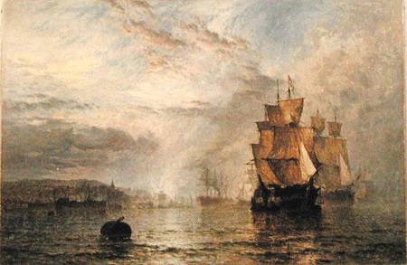 Shipping Becalmed in an Estuary at Evening van Henry Dawson