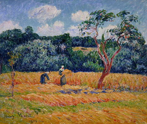 Figures harvesting a wheat field (oil on canvas) van Henry Moret