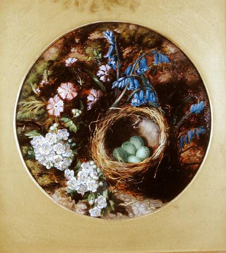 A Still Life with Bird's Nest, Blossom and Bluebells van Henry Stanier