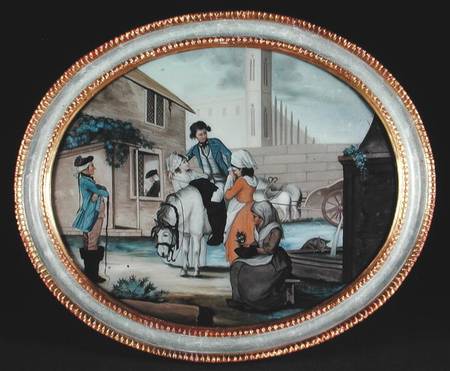 A reverse glass painting showing a farewell scene outside a tavern van Henry W. Banbury