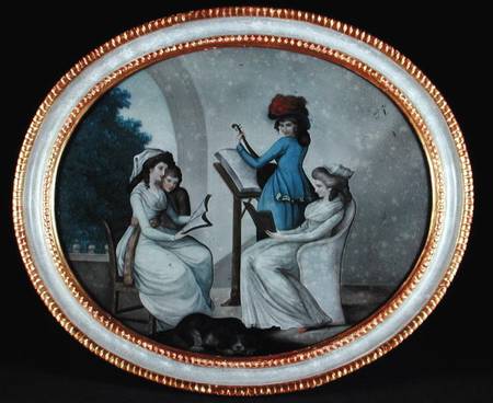 A reverse glass painting showing lady musicians van Henry W. Banbury