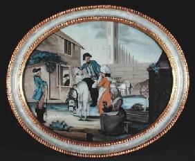 A reverse glass painting showing a farewell scene outside a tavern