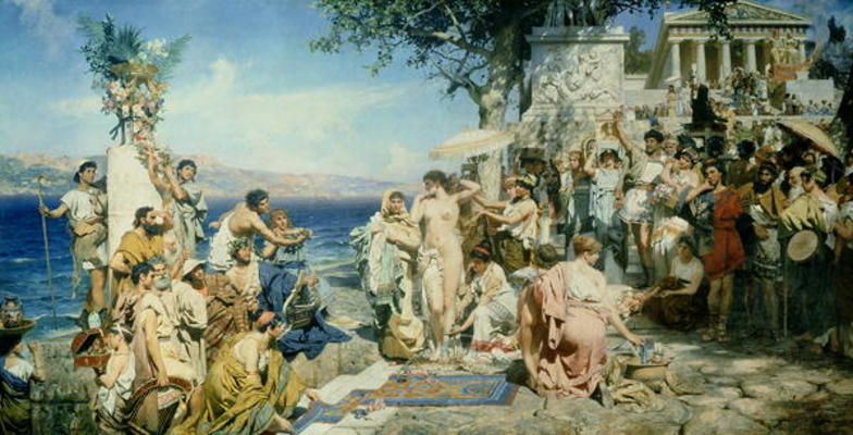 Phryne at the Festival of Poseidon in Eleusin (oil on canvas) van Henryk Siemieradzki