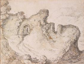 Rocky landscape with ruins, forming the profile of a man's face