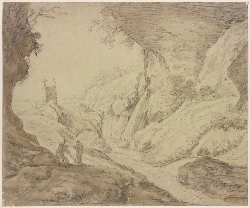 Felsige Landschaft mit Wasserfall van Herman Saftleven III