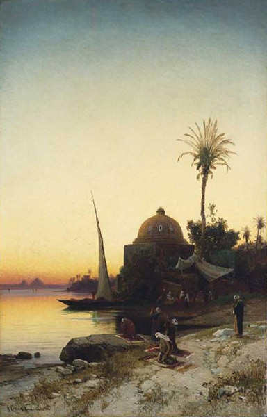 Moslems beim Abendgebet am Ufer des Nil van Hermann David Salomon Corrodi