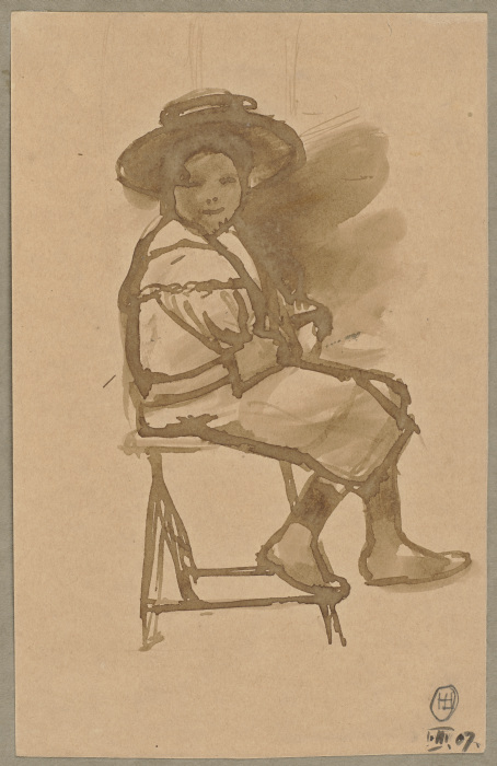 Frau mit Hut, auf einem Stuhl sitzend van Hermann Lismann