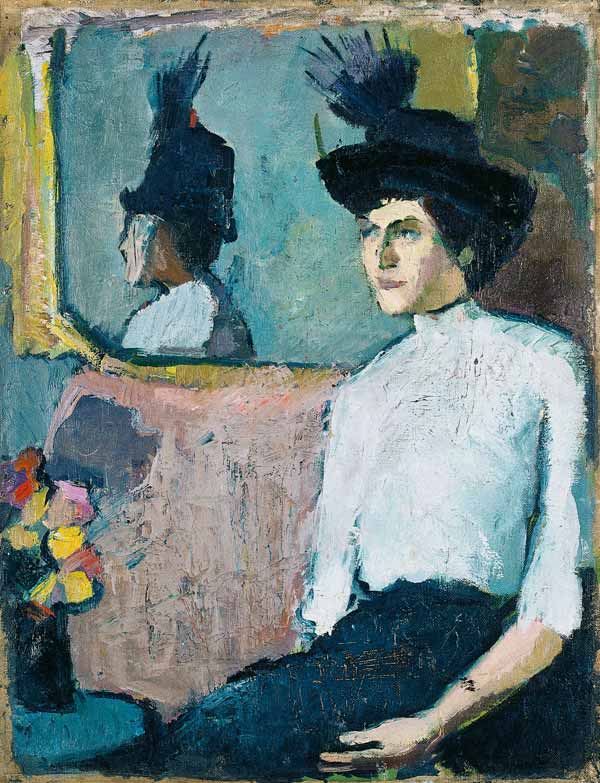 Frau mit Hut vor einem Spiegel van Hermann Stenner