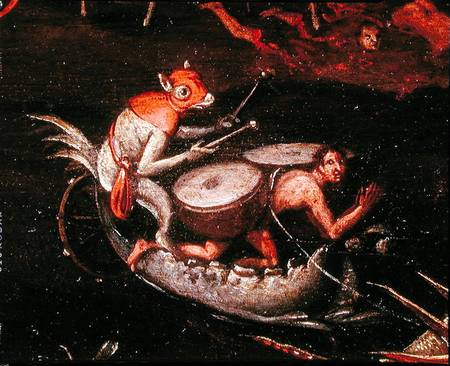 The Inferno, detail of fantastical animals playing the drums on a boat van Herri met de Bles
