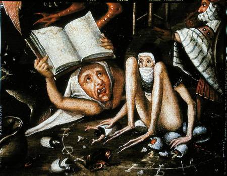 The Inferno, detail of a huddled and gagged creature next to a human monster holding up an open book van Herri met de Bles