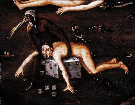 The Inferno, detail of a man elevated by a creature with a bird's beak onto a dice van Herri met de Bles