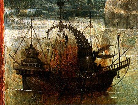 Fantastical Boat, detail from the right hand panel of the Triptych of the Crucified Martyr van Hieronymus Bosch Hieronymus Bosch
