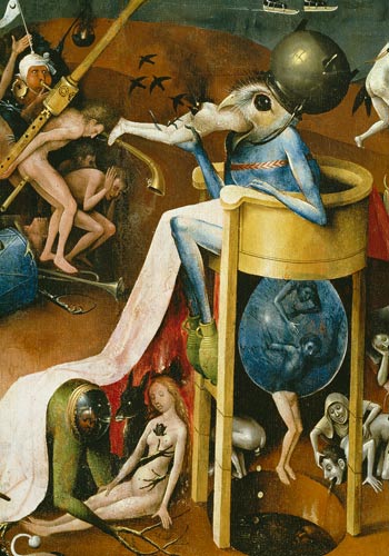 The Garden of Earthly Delights: Hell, right wing of triptych, detail of blue bird-man on a stool van Hieronymus Bosch Hieronymus Bosch