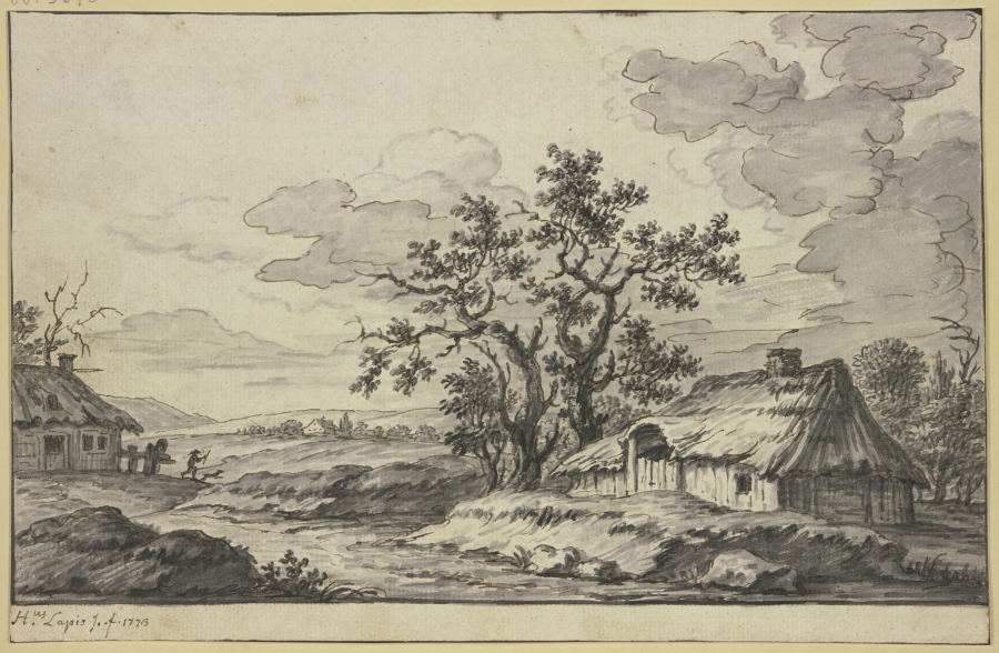 Landschaft mit Bach und zwei Hütten im Vordergrund van Hieronymus Lapis