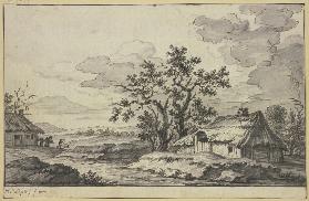 Landschaft mit Bach und zwei Hütten im Vordergrund