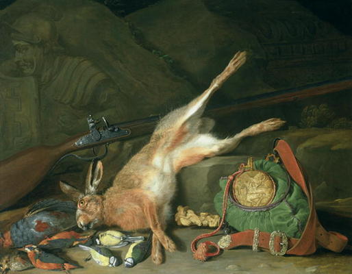 Still Life of a Hare with Hunting Equipment (oil on canvas) (for pair see 93439) van Hieronymus the Elder Galle