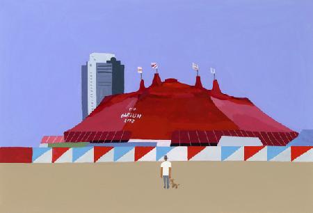 A man with a circus tent and a dog