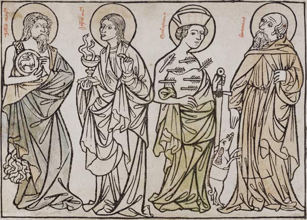 Die hll.Johannes d.T., Johannes Ev., Sebastian und Antonius van Holzschnitt (Mittelalter)