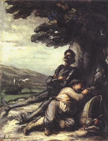 Don Quichotte et Sancho Pança se reposant sous un arbre van Honoré Daumier