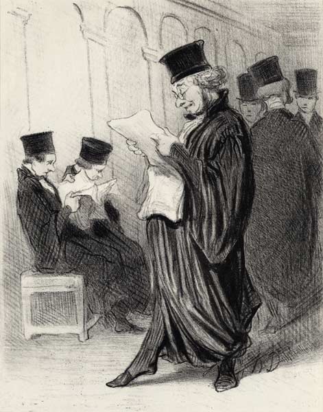 Lawyer Chabotard while reading in a legal journal a eulogy on himself...  (From the series "Les gens van Honoré Daumier