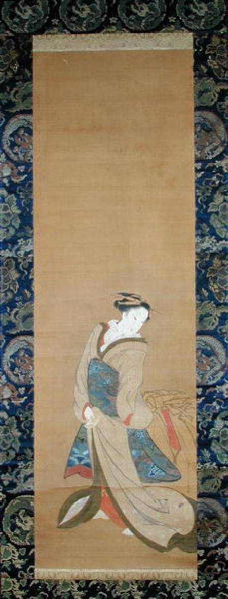 An Elegant Woman in a Blue Obi (pen & ink on silk) van Hotei Gosei