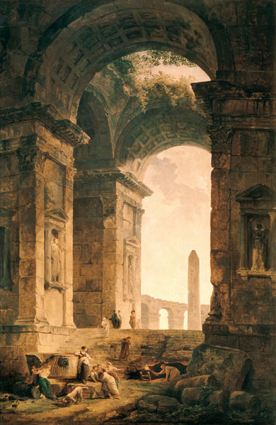 Blick aus Ruinen auf einen Obelisk van Hubert Robert