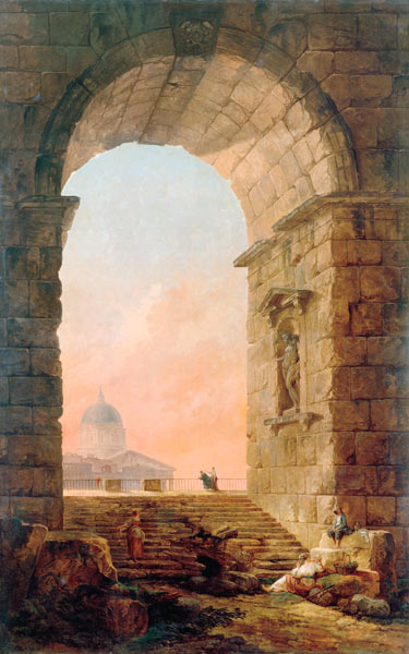 Landscape with an Arch and the St. Peter's Basilica in Rome van Hubert Robert