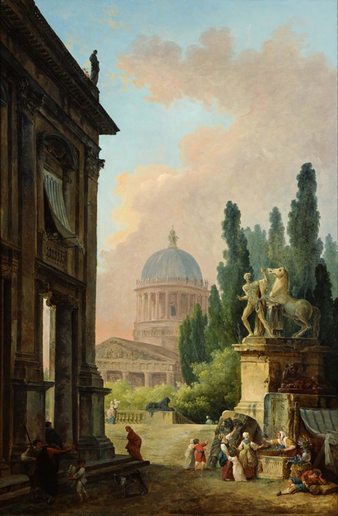 View of Rome with the Horse Tamer of the Monte Cavallo van Hubert Robert