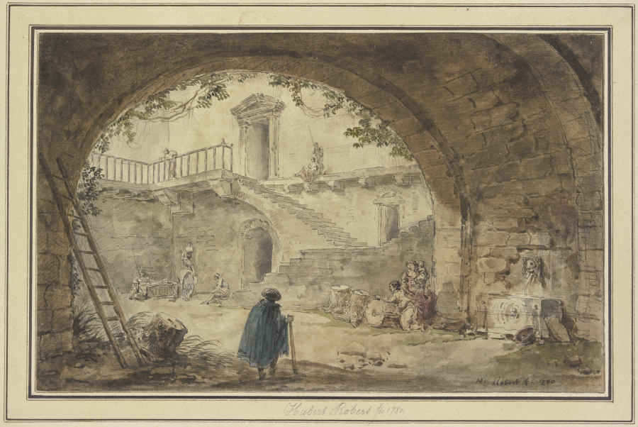Gewölbe mit antikem Brunnen und Aussicht auf eine Treppe van Hubert Robert