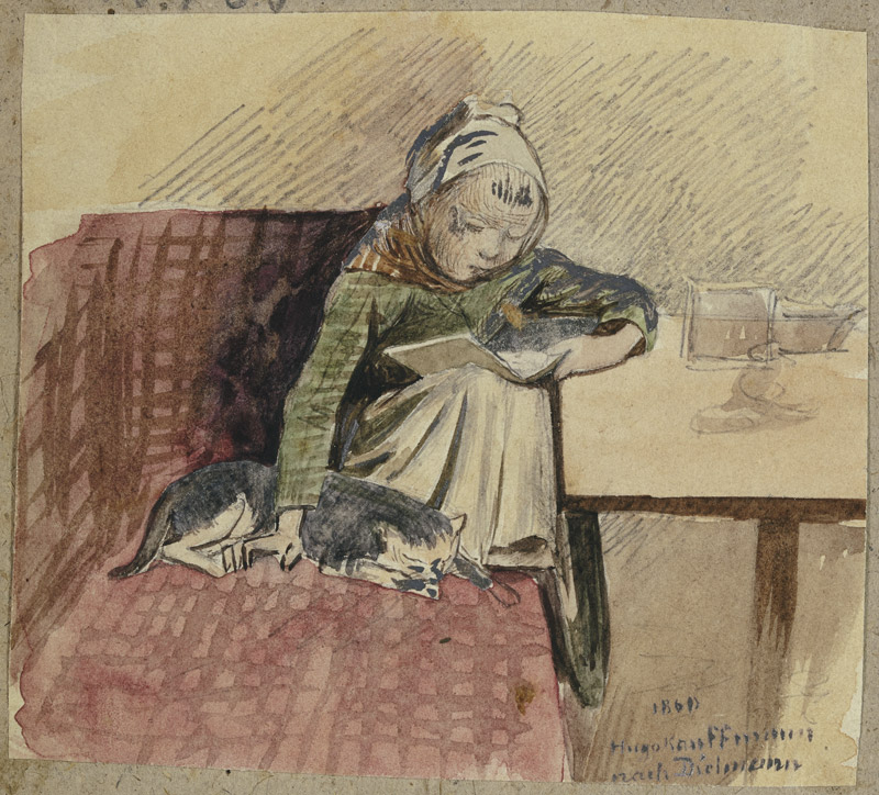 Lesendes Kind mit Katze auf der Bank van Hugo Kauffmann
