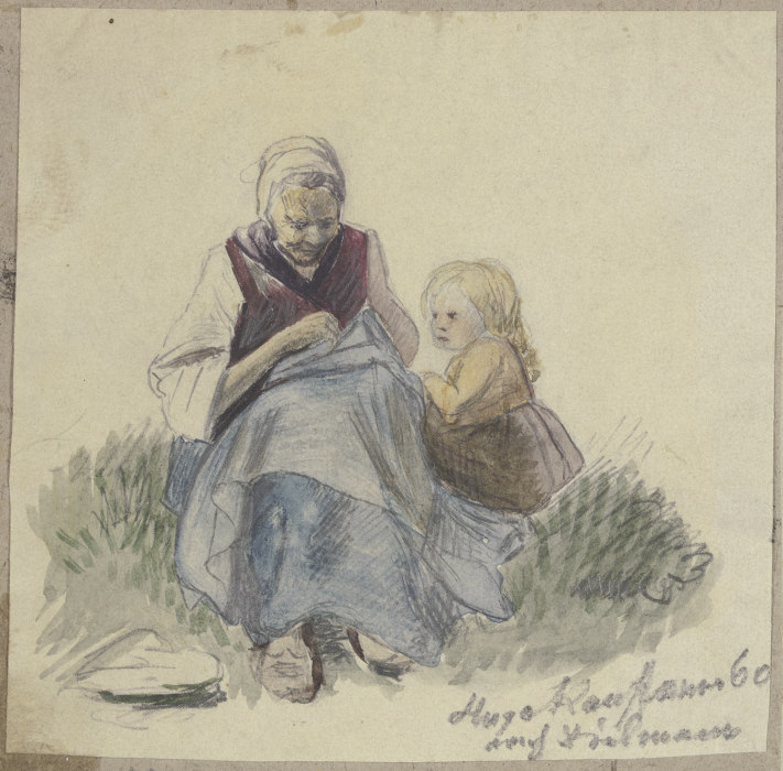 Großmutter, nähend, und Kind van Hugo Kauffmann