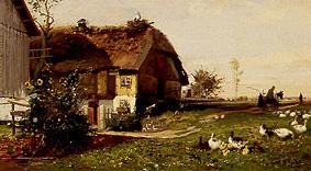 Bauernhof mit Storchennest. van Hugo Mühlig