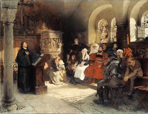 Luther Preaches using his Bible Translation while Imprisoned at Wartburg van Hugo Vogel