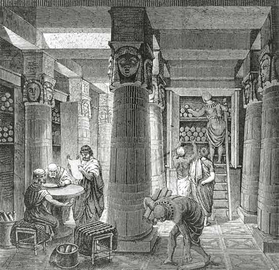 Imaginary recreation of the Ptolemy Library in Alexandria, Egypt, from 'Histoire Generale des Peuple van Hungarian School