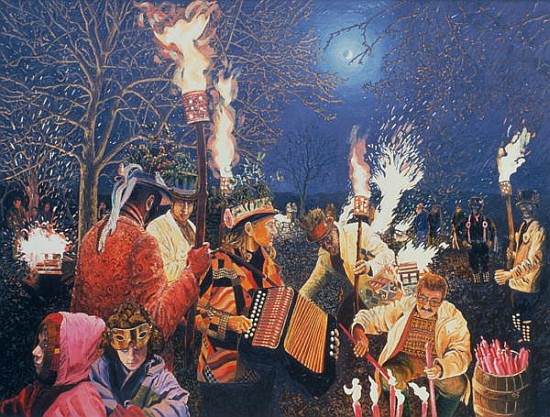 Wassailing in Herefordshire, 1995 (oil on board)  van Huw S.  Parsons