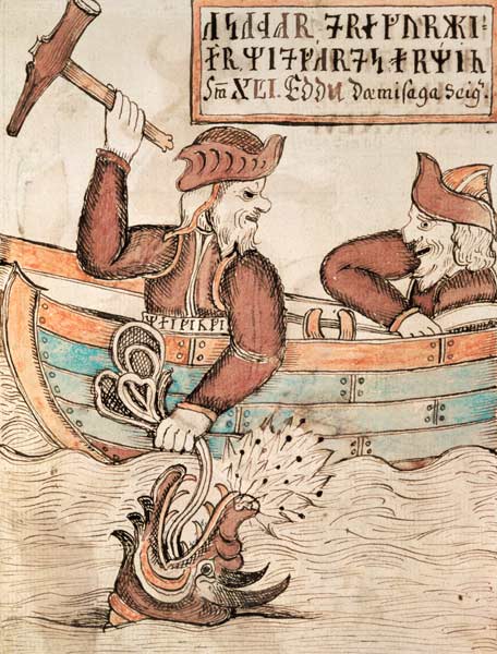 Thor fishing for the serpent of Midgard, from the boat of the giant Hymir van Icelandic School