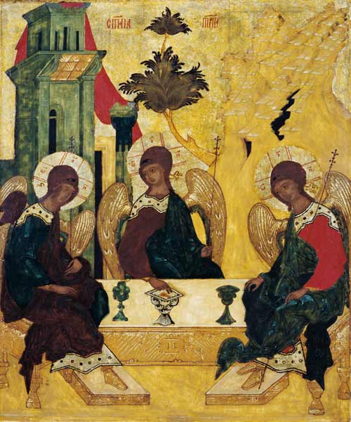 Die hl. Dreieinigkeit in Gestalt der drei Jünglingsengel im Hause Abrahams. van Ikone (russisch)