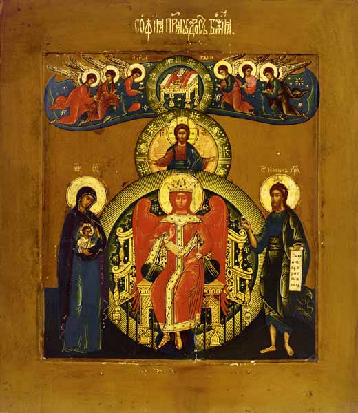 Die heilige Sophia, die göttliche Weisheit auf einem Thron mit ausgestreckten Flügeln, segnend und e van Ikone (russisch)
