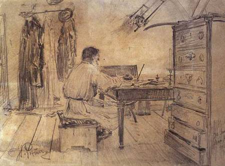 Leo Tolstoy (1818-1910) in his Study van Ilja Efimowitsch Repin