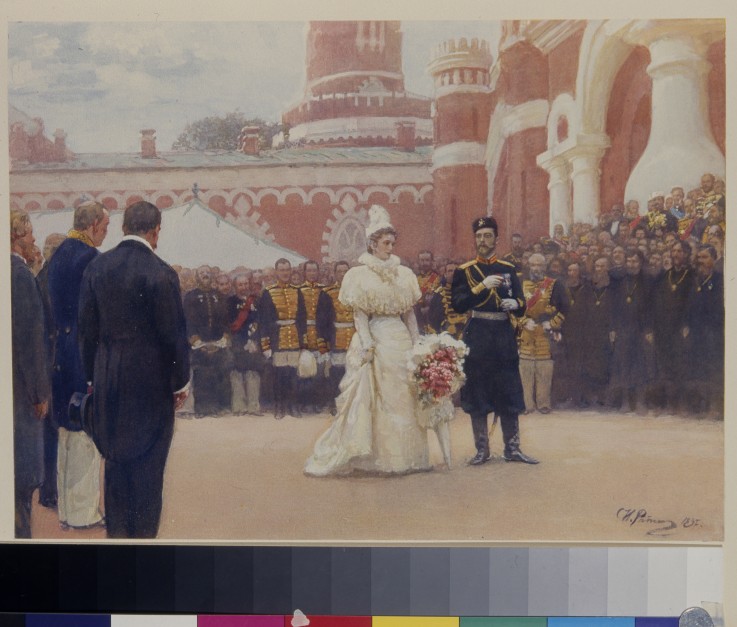 Nicholas II receiving rural district elders on May 18, 1896 in the yard of Petrovsky Palace in Mosco van Ilja Efimowitsch Repin