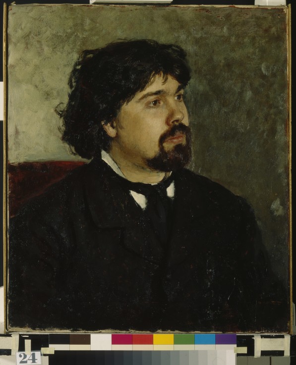 Portrait of the artist Vasily Surikov (1848-1916) van Ilja Efimowitsch Repin