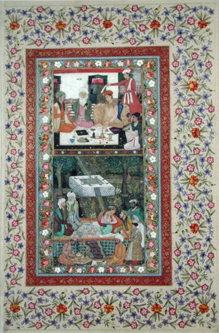 Ms E-14 Reading Verse and a Banquet in a Garden from a Moraqqa van Indian School