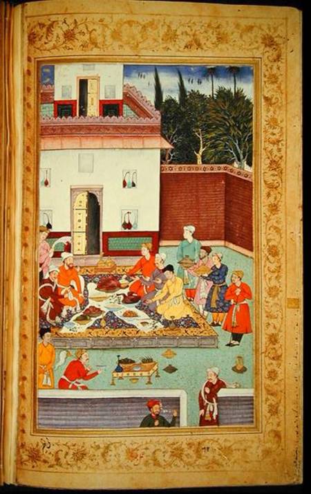 OR 3714 f.260v Mughal Emperor Feasting in a Courtyard, from the Baburnama of Dhanraj van Indian School