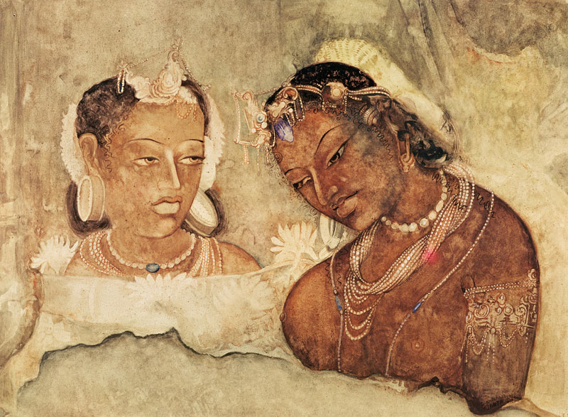A Princess and her Servant, copy of a fresco from the Ajanta Caves, India van Indian School