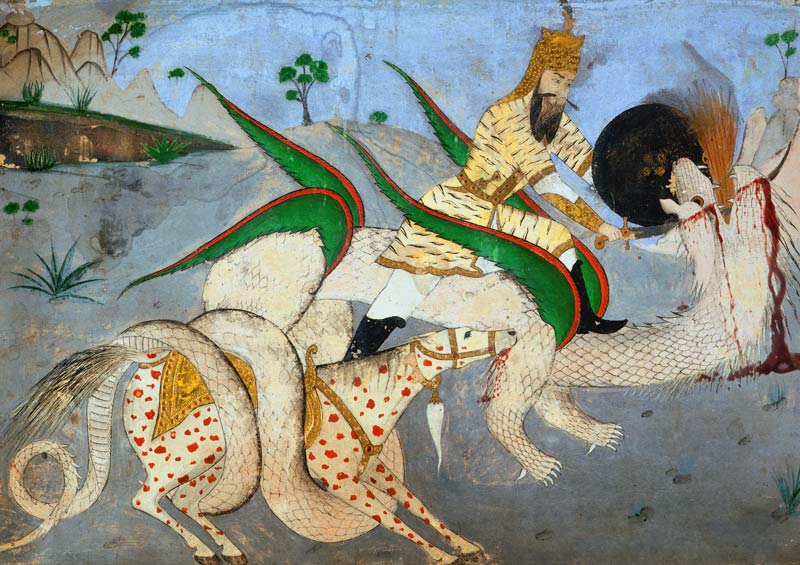 A mounted warrior attacking a dragon, illustration from a book on Indian mystics van Indian School