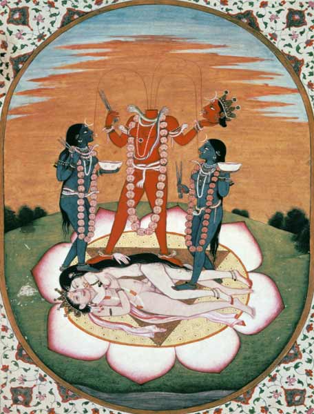 Icon of Chinnamasta, the Mahavidya arising from the joined bodies of the Originating Couple, Kangra, van Indian School